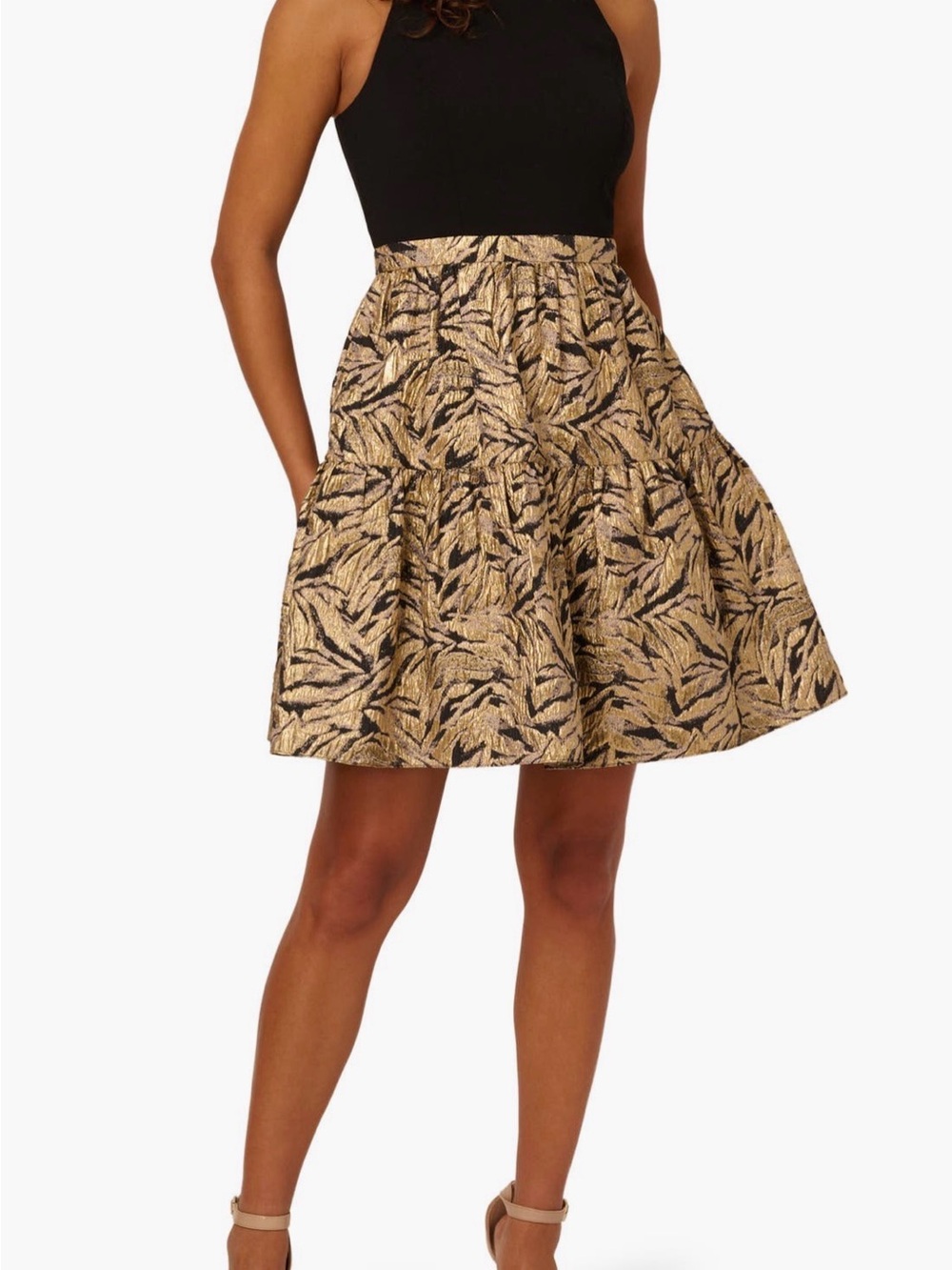 Adrianna Papell Black and Gold Leaf-Patterned Midi Dress